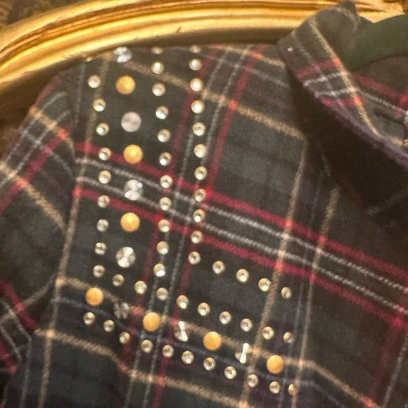 SANDRO Navy and Red Plaid Coat with Studded Shoulders, Size 36 - Picture 3 of 14